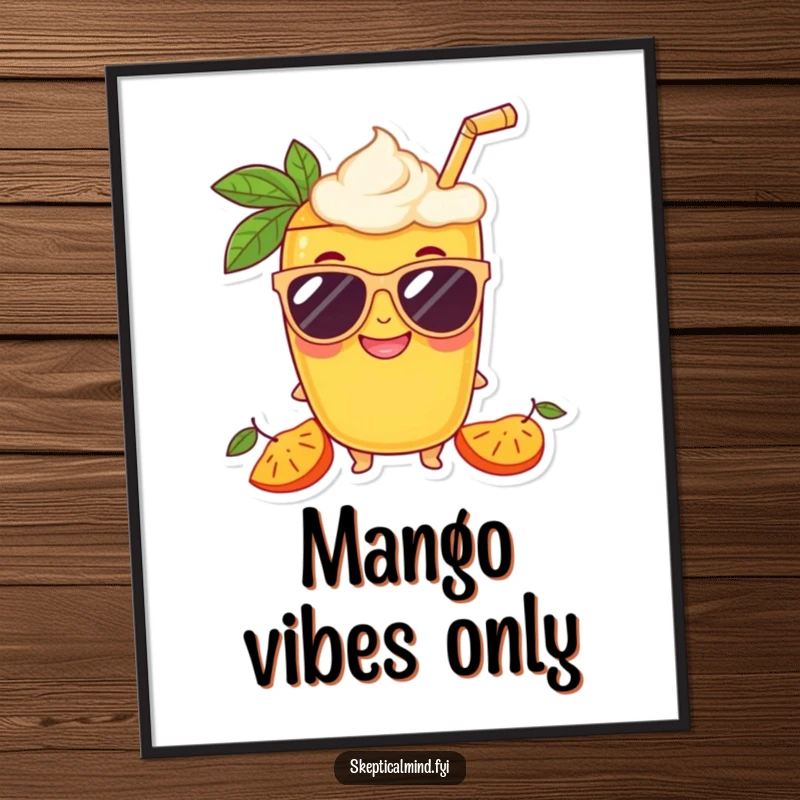 Funny Mango smoothie character sporting oversized sunglasses and a grin, presented as cool wall art poster.