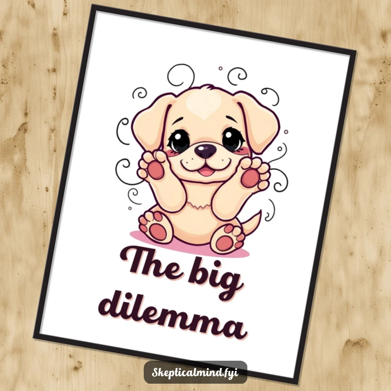 Funny poster featuring a playful puppy with paws up, surrounded by swirling lines of indecision, looking adorably lost in thought.