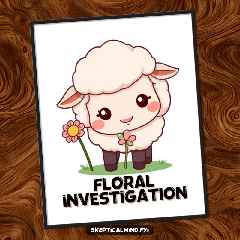 Funny poster depicting a quizzical sheep with an inquisitive expression, sniffing a flower.