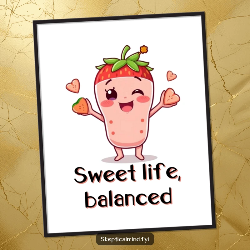 Funny poster art of a strawberry smoothie character juggling fruit pieces, adding vibrant energy and humor to any wall.
