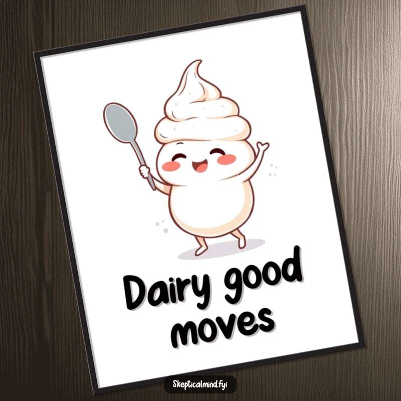 Funny poster print of a giggling sour cream character caught mid-silly spoon dance, bringing a dose of whimsical humor to your walls.