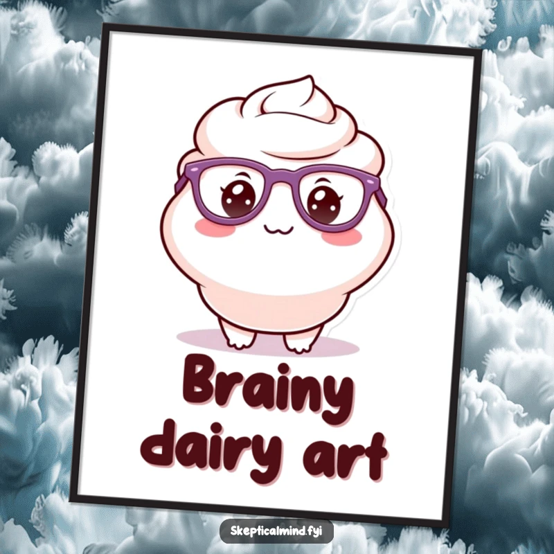 Funny poster of a delighted sour cream character wearing oversized glasses and a silly grin, perfect for a humorous literary atmosphere.