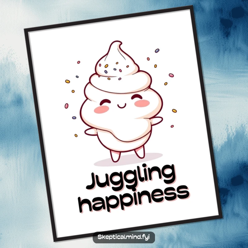 Funny poster of a smiling sour cream dollop character juggling colorful sprinkles with humorous skill and joy.