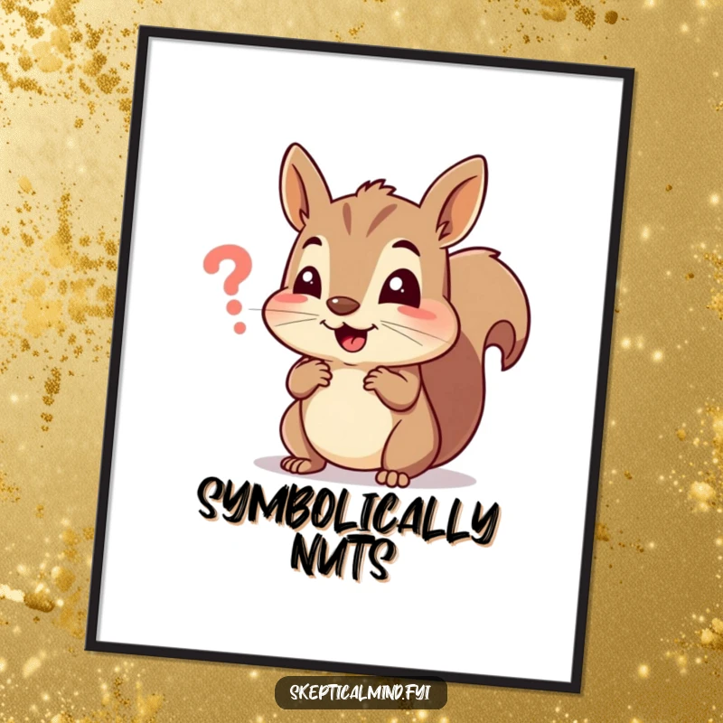Funny poster illustration of a cheerful squirrel squinting with deep confusion at a miniature, perplexing symbol, adding humor to decor.