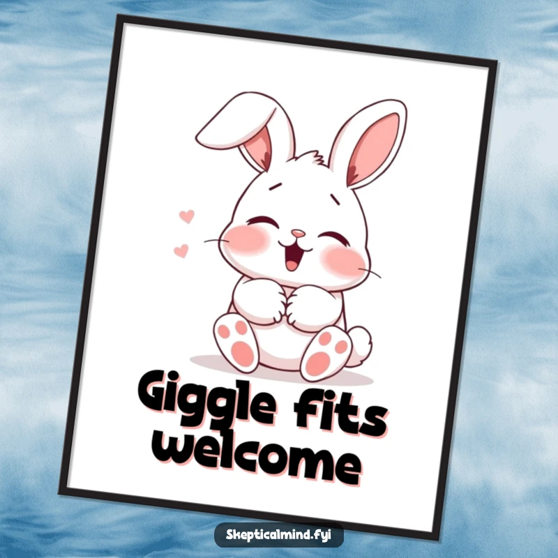 Funny Poster: A cute blushing bunny giggles behind its paws, ears flopped, creating a heartwarming and humorous visual.