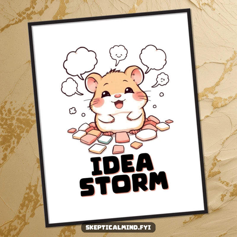 Funny poster of a giggling hamster peeking out from a pile of scattered thought bubbles, representing brainstorming.