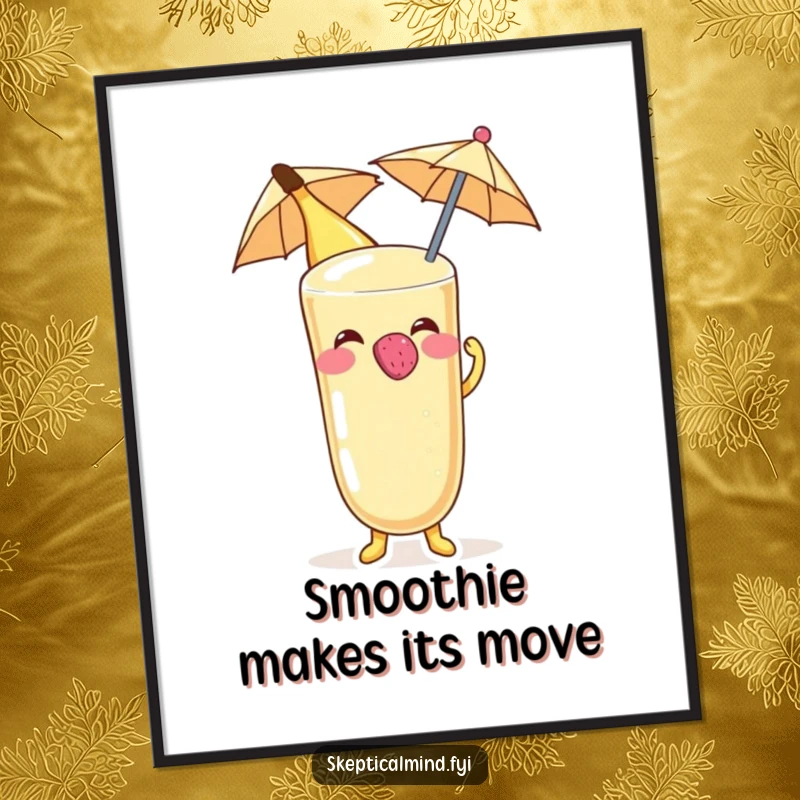 Funny Banana smoothie character blowing a raspberry on a tiny umbrella, presented as vibrant wall art poster.