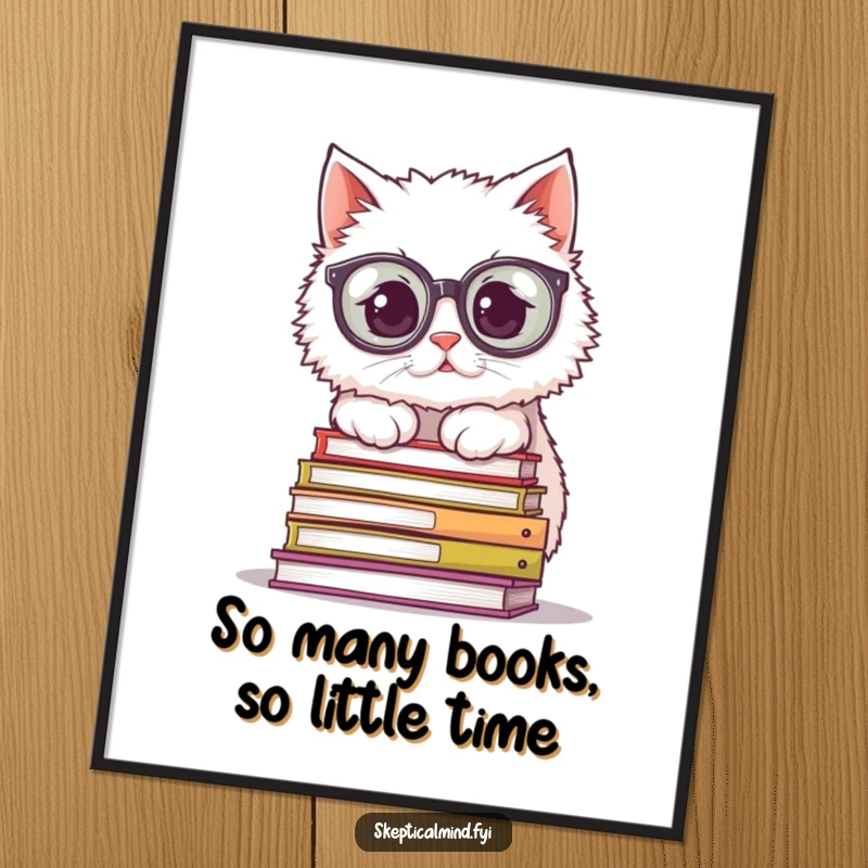 Funny Poster: A fluffy white cat wearing large spectacles peers over a stack of books, bringing scholarly humor and visual appeal to decor.