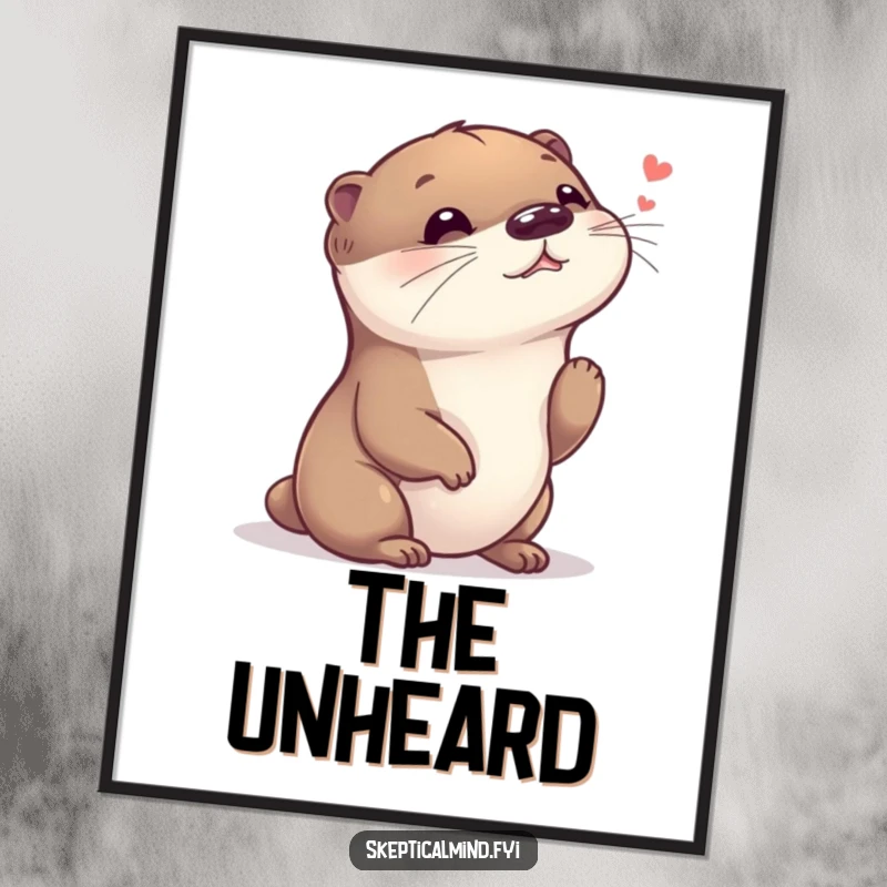 Funny poster featuring a giggling otter with its head tilted, listening intently to a faint whisper, conveying pure, unadulterated bliss.