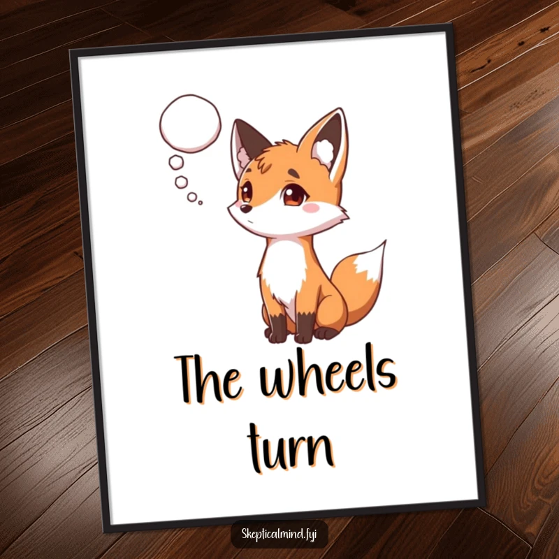 Funny poster featuring a curious fox with its eyebrow raised, attentively observing a hovering thought bubble, symbolizing insight and wonder.