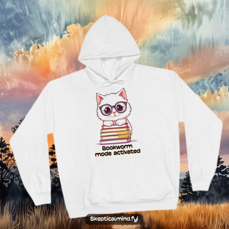 Funny Hoodie: A fluffy white cat sporting oversized spectacles peeks over books, offering cozy comfort and scholarly humor.