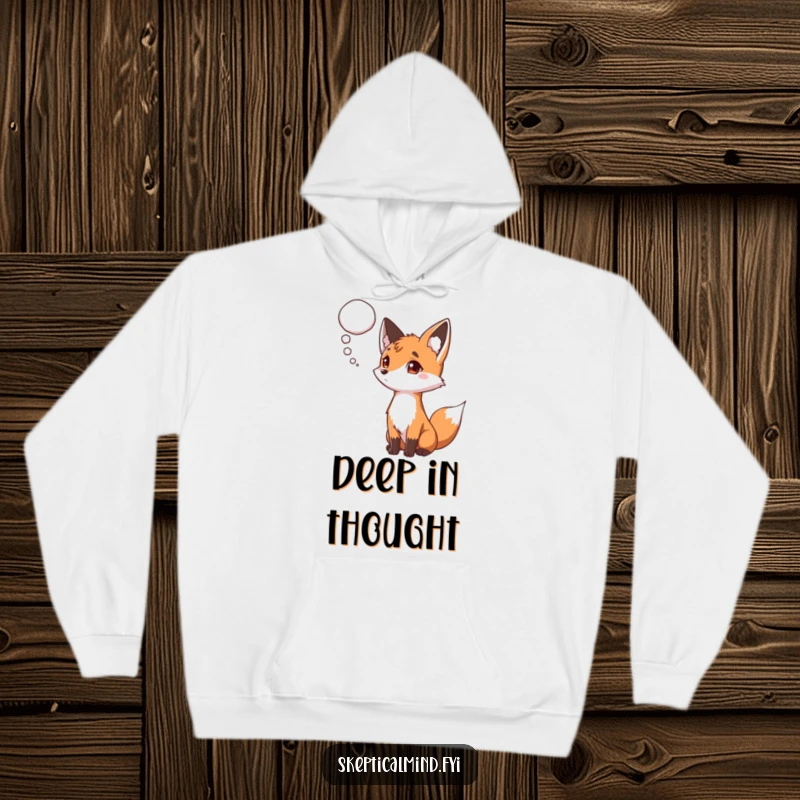 Funny hoodie with a curious fox sporting a raised eyebrow, observing a floating thought bubble, symbolizing contemplation and intellect.