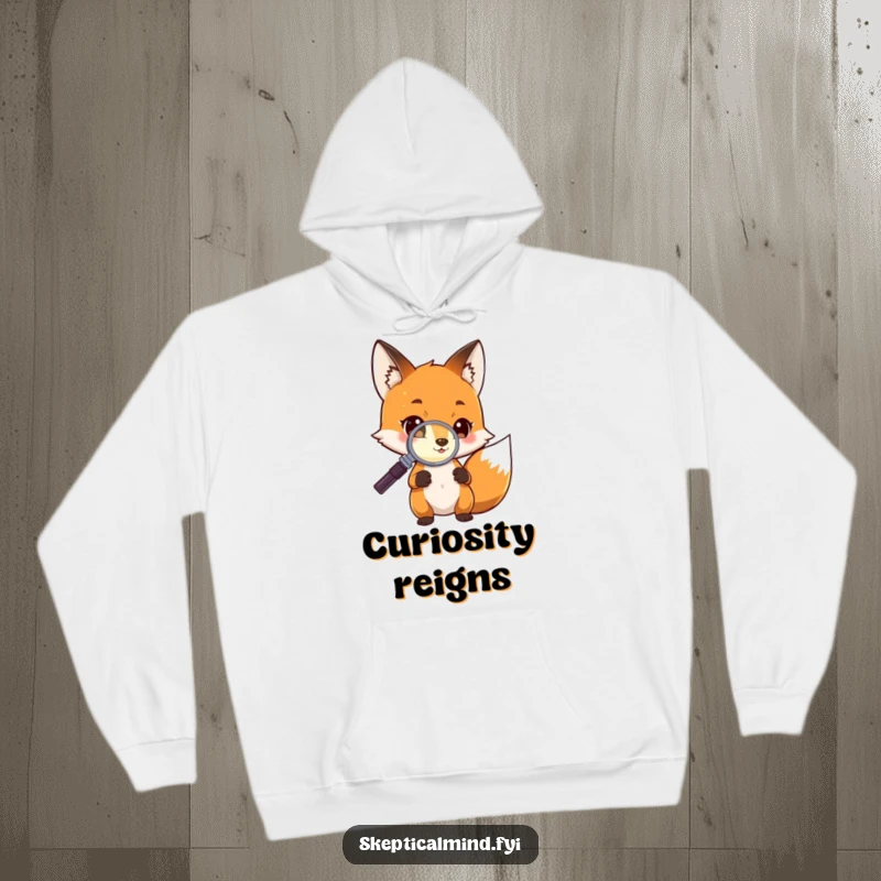 Funny Hoodie with a curious fox character holding a magnifying glass to a tiny glowing object, embodying intense focus and investigation.