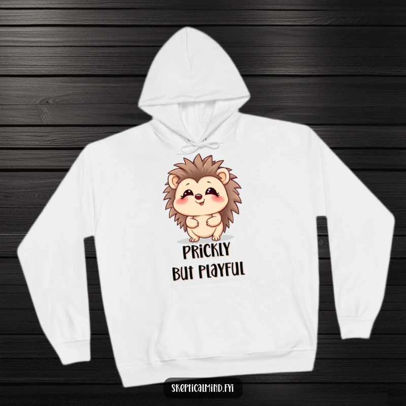 Funny hedgehog hoodie with a giggling character looking up with a playful glint, perfect for cozy, humorous apparel.