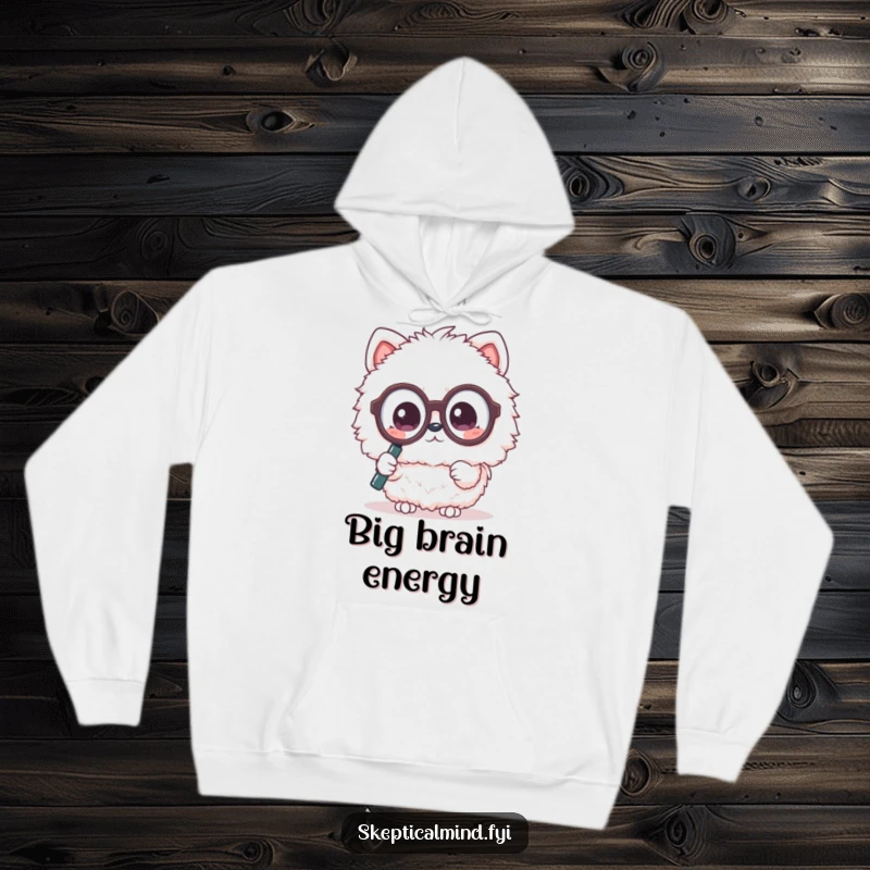 Funny hoodie featuring a fluffy Kawaii animal with oversized glasses, using a magnifying glass with a questioning look. Cozy mystery.