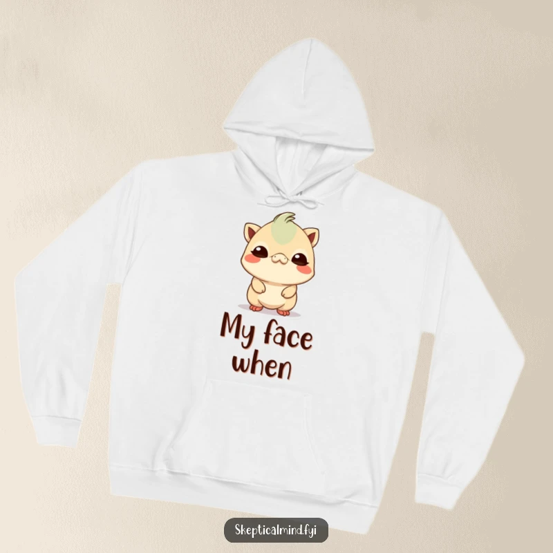Funny small Kawaii creature tilting its head with a comically skeptical look, featured on a soft, warm hoodie for ultimate cozy skepticism.