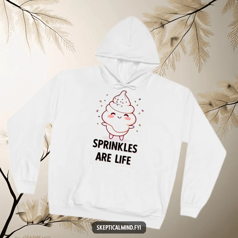 Funny hoodie showing a smiling sour cream character juggling tiny sprinkles, embodying humorous playfulness and sweetness.