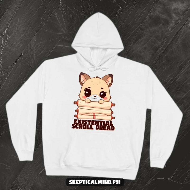Funny Kawaii animal with a raised eyebrow, peeking over a mountain of scrolls, symbolizing wisdom and playful judgment, printed on a soft hoodie.