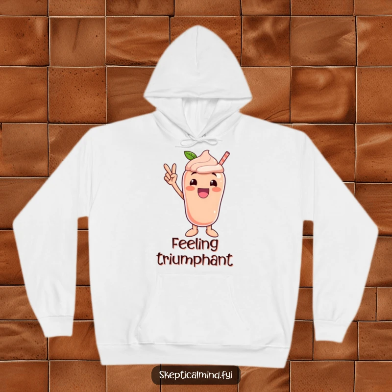 Funny hoodie with an excited peach smoothie character striking a confident victory pose, perfect for celebrating achievements.