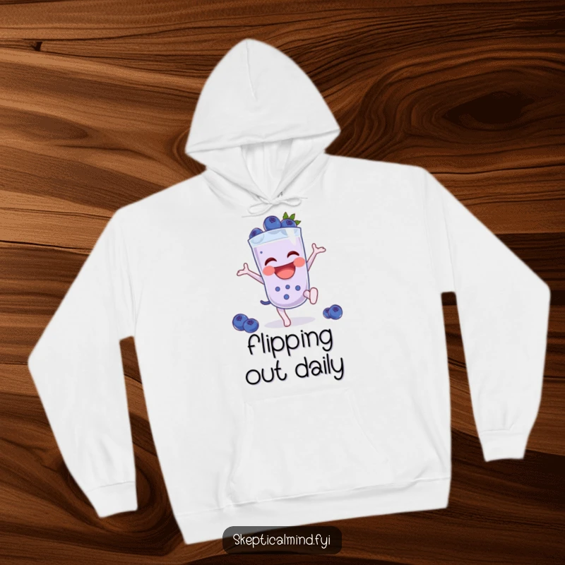 Funny Blueberry smoothie character doing a spirited cartwheel, making this hoodie a fun choice.