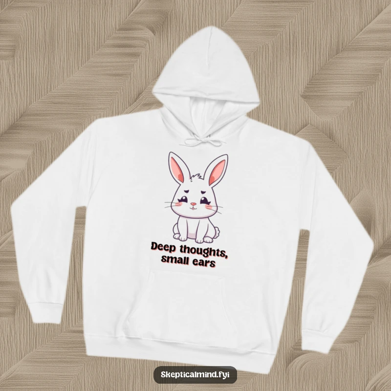 Funny bunny hoodie depicting a perky rabbit with ears perked and furrowed brows, embodying cozy contemplation.