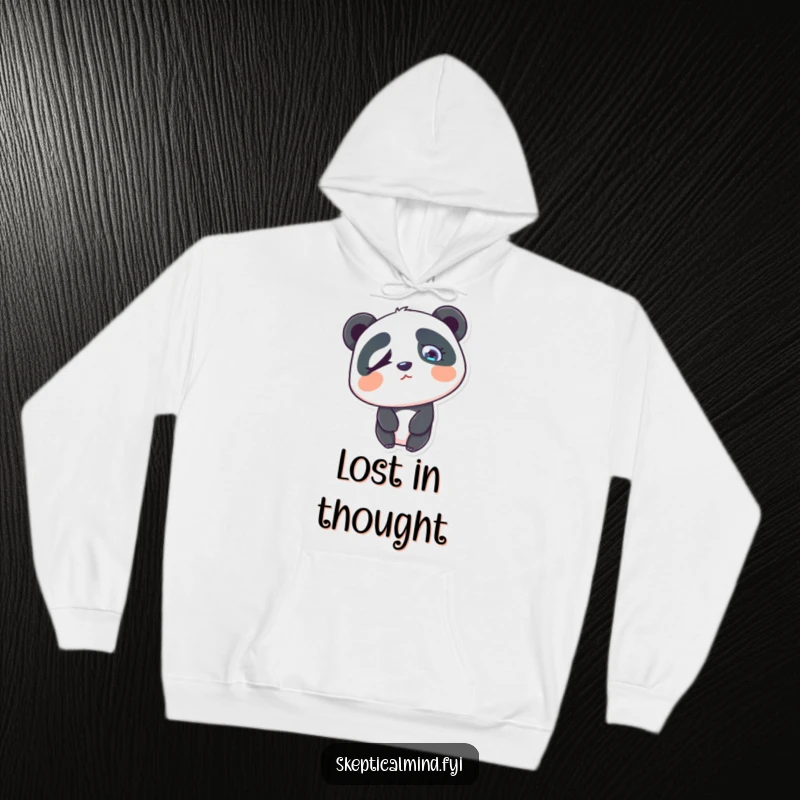 Funny confused panda hoodie depicting a panda tilting its head with a quizzical, raised eyebrow.