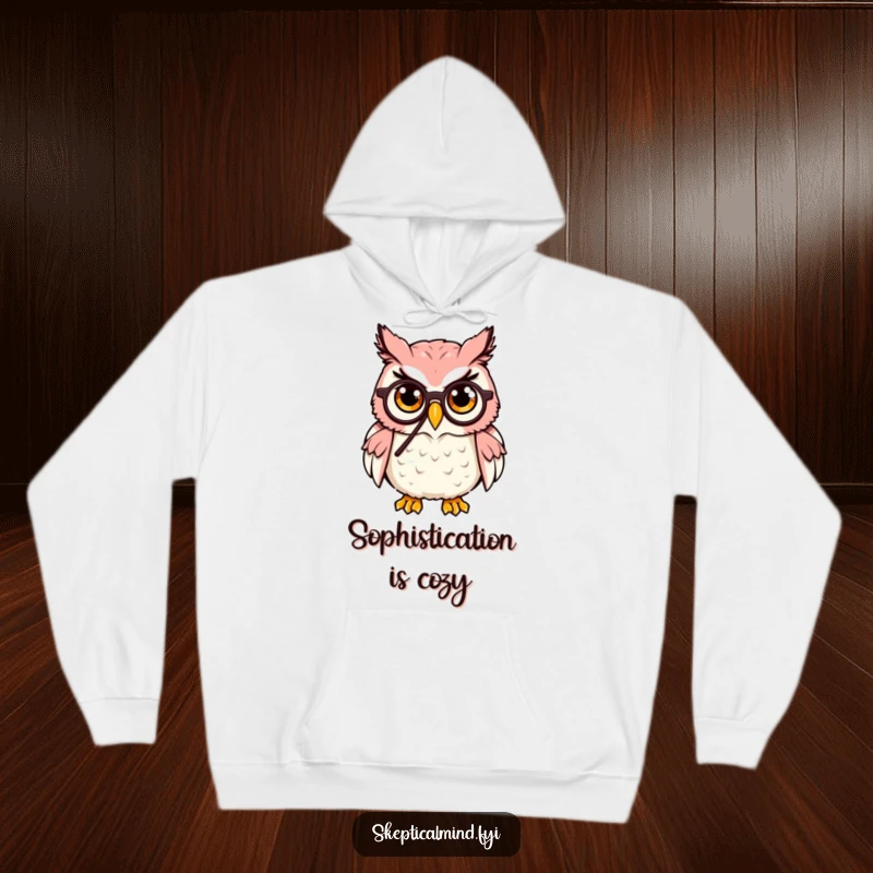 Funny Owl Hoodie: A cute owl with a monocle humorously raises its eyebrow, offering a cozy and sophisticated vibe.