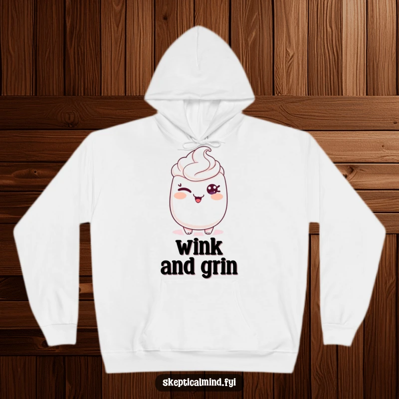 Funny hoodie illustration of a sour cream character giving a sly wink, with a tiny glint of mischief in its eye, suggesting playful secrets.
