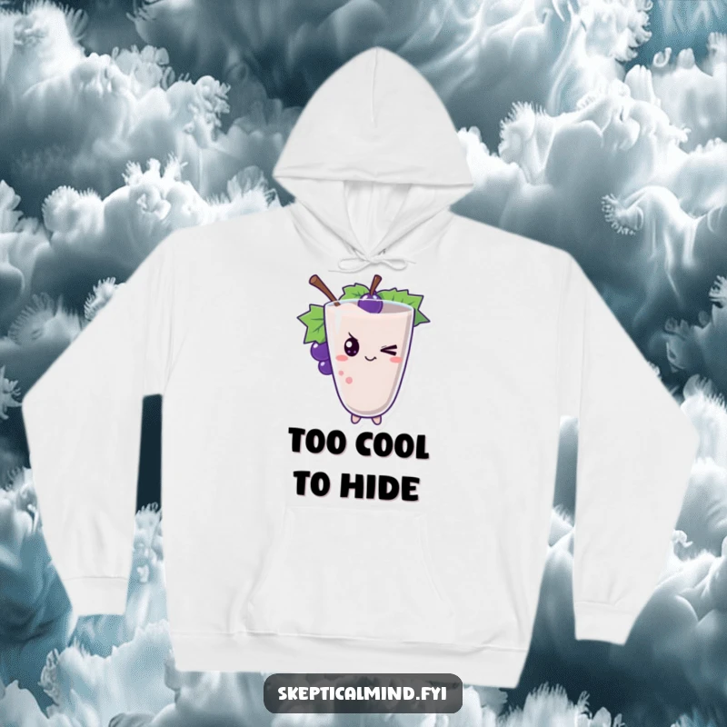 Funny grape smoothie character giving a sly wink, bringing cozy and cheeky vibes to this hoodie.