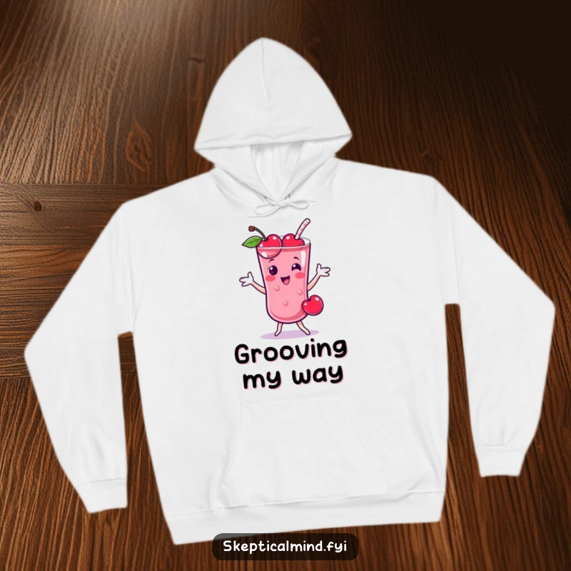 Funny Cherry smoothie character doing a playful dance, making this hoodie a fun and cozy choice.