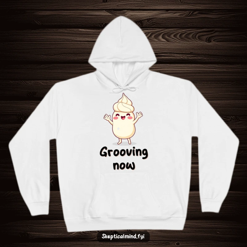 Funny hoodie illustration of a sour cream character enthusiastically dancing, with tiny arms waving joyfully, spreading good vibes.