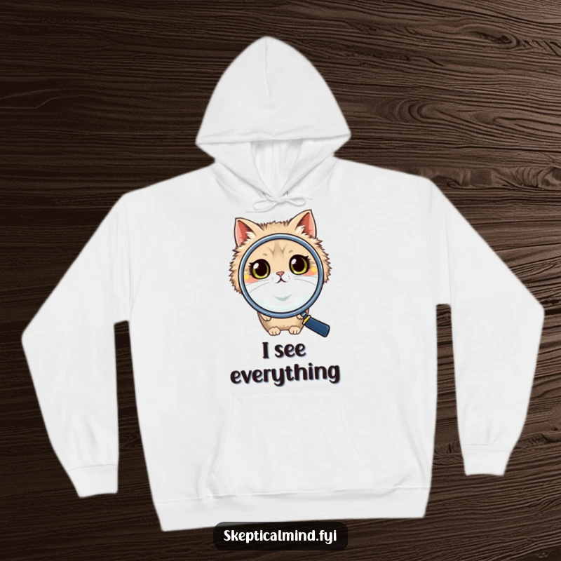 Funny cat hoodie featuring a fluffy cat using a large magnifying glass, its wide eyes expressing intense, humorous curiosity and a desire to investigate.