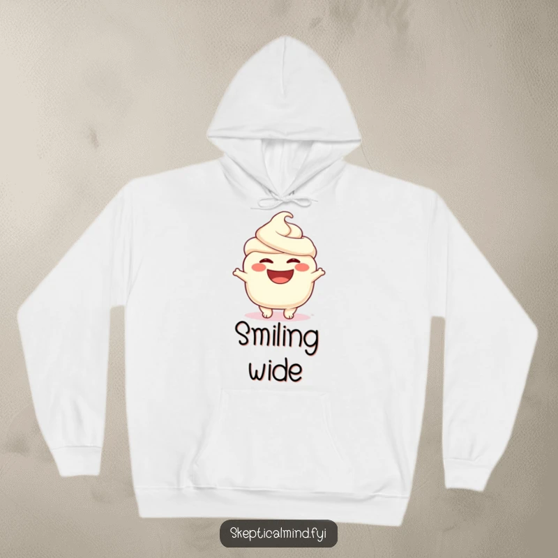 Funny hoodie features a cheerful sour cream character with an exaggeratedly wide and happy smile, embodying pure delight and satisfaction.