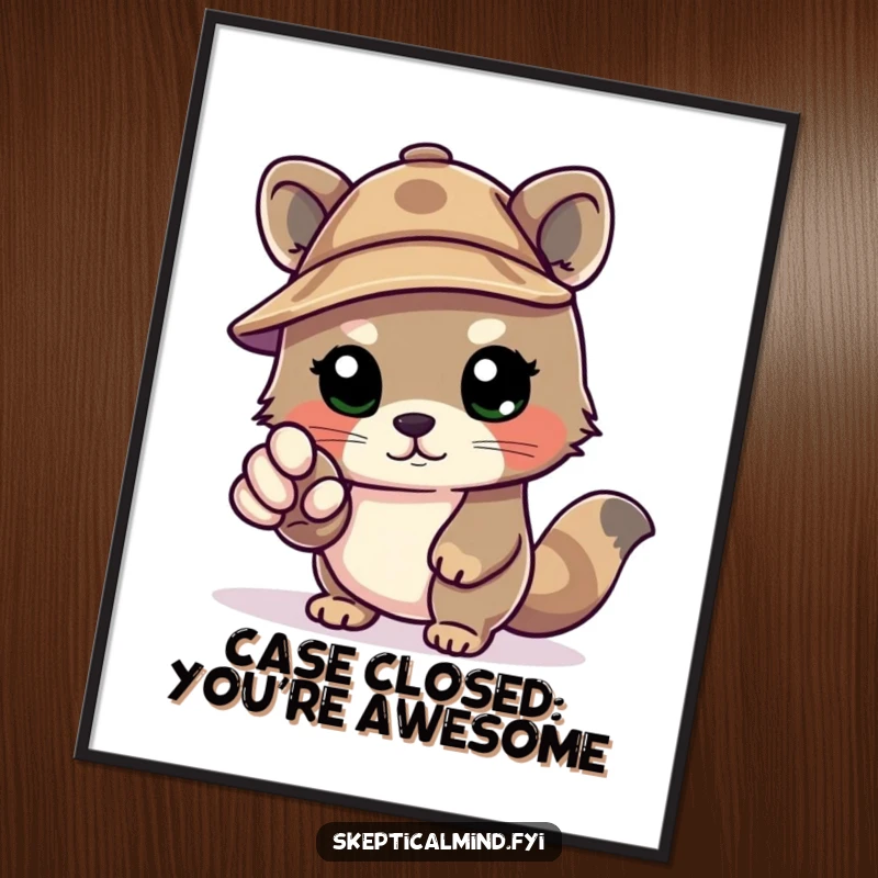 Funny Free Printable Wall Art: Kawaii animal in a deerstalker hat, pointing an accusatory paw, investigating the room.