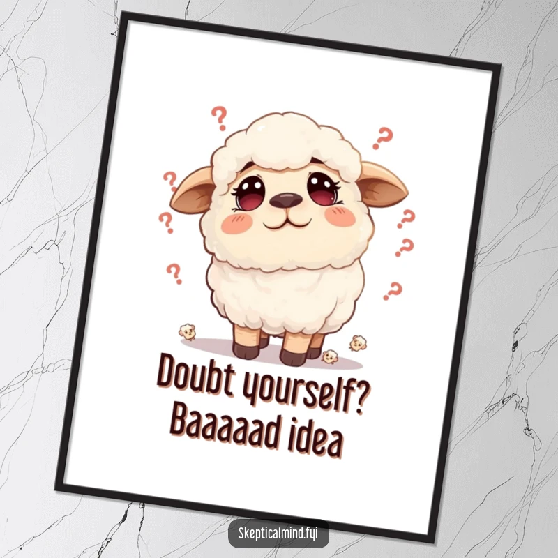 Funny Free Printable Wall Art of a fluffy sheep looking up with a furrowed brow, surrounded by tiny doubts.
