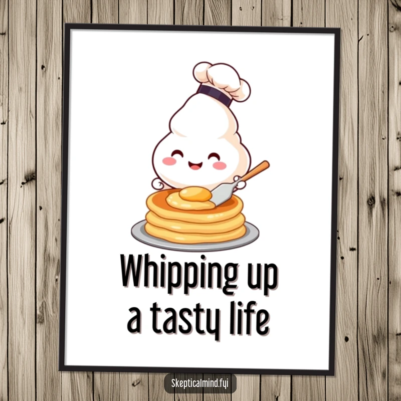 Funny Free Printable Wall Art of a happy sour cream dollop wearing a chef hat, skilfully flipping a pancake.