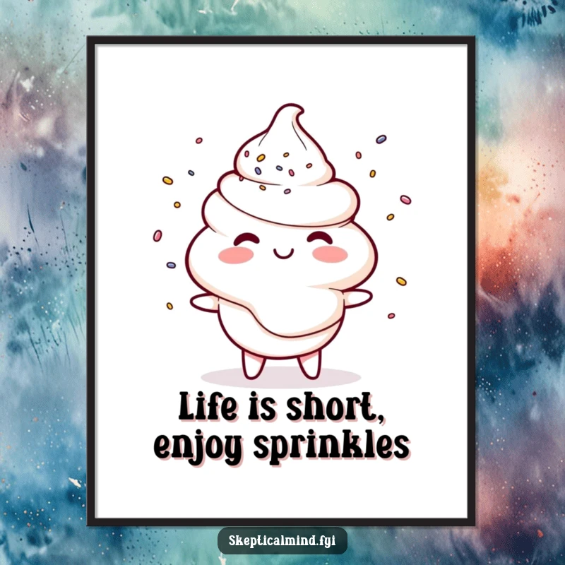 Funny Free Printable Wall Art: A smiling sour cream character entertainingly juggles a cascade of colorful tiny sprinkles.