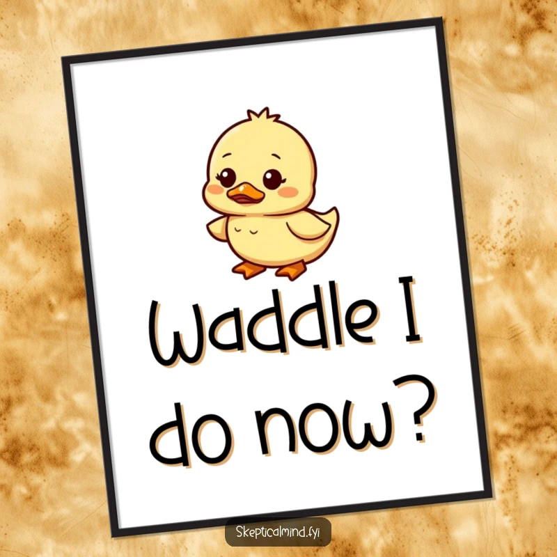 Funny Free Printable Wall Art: Cute duckling waddling with a confused and amused facial expression.