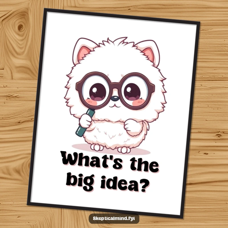 Funny Free Printable Wall Art: A fluffy Kawaii animal wearing oversized glasses looks through a magnifying glass with a puzzled expression.
