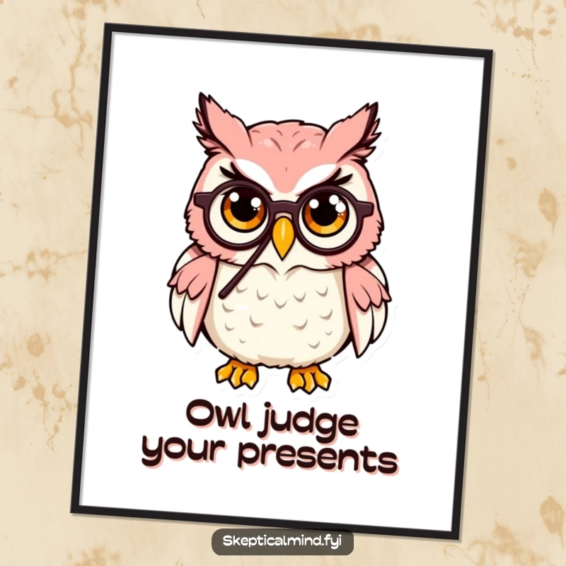 Funny Free Printable Wall Art: A cute owl adorned with a monocle, raising an eyebrow with an air of witty judgment.