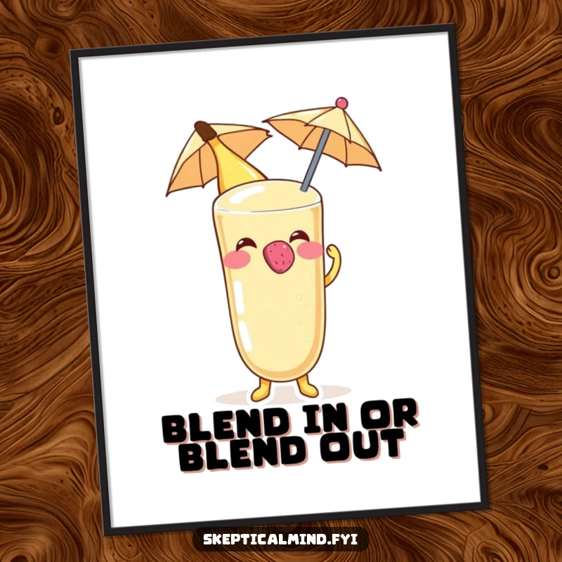 Funny Free Printable Wall Art: Banana smoothie character blowing raspberry on umbrella, a humorous and quirky downloadable art piece.