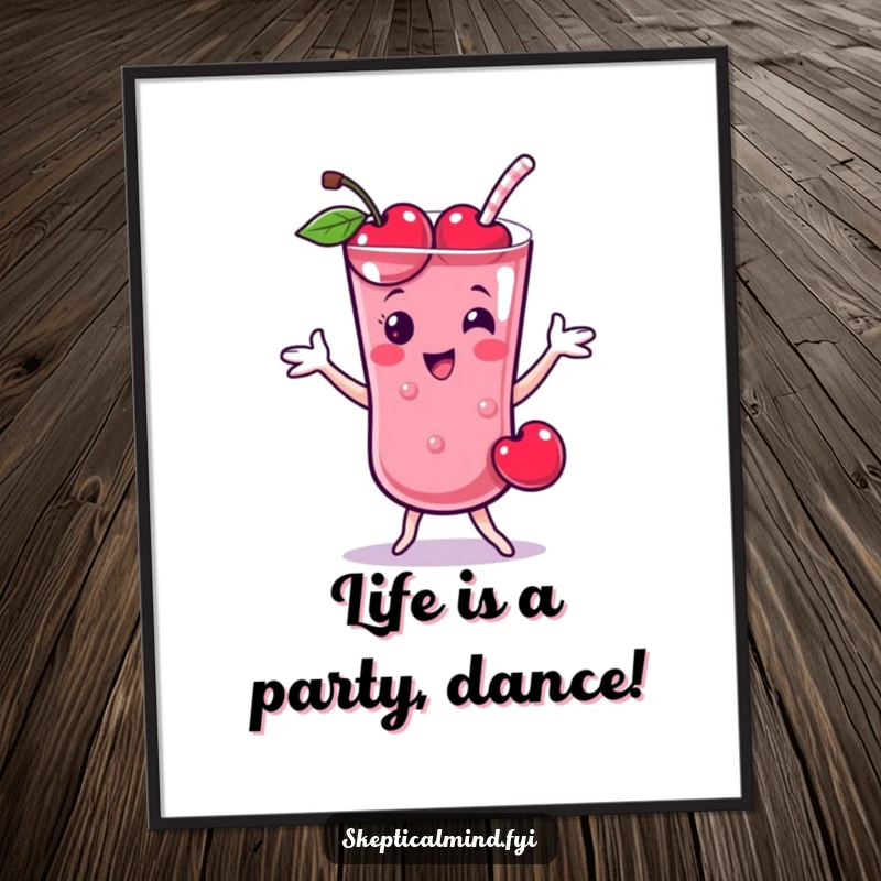 Funny Free Printable Wall Art: Cheerful cherry smoothie character doing a playful dance, a vibrant and humorous downloadable art piece.