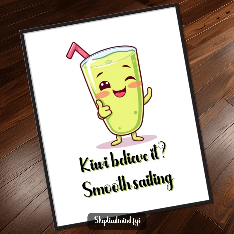 Funny Free Printable Wall Art: A giggling kiwi smoothie character strikes a pose with a giant, silly thumbs-up.