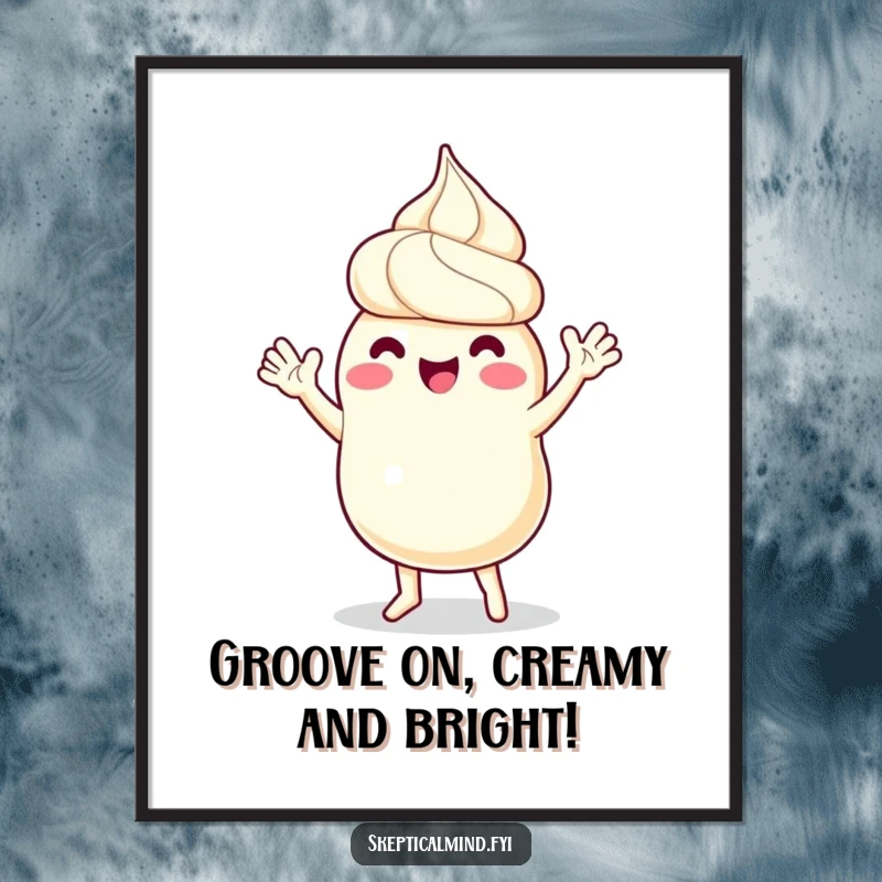 Funny Free Printable Wall Art: A sour cream character dances with pure joy, its tiny arms waving enthusiastically in celebration.