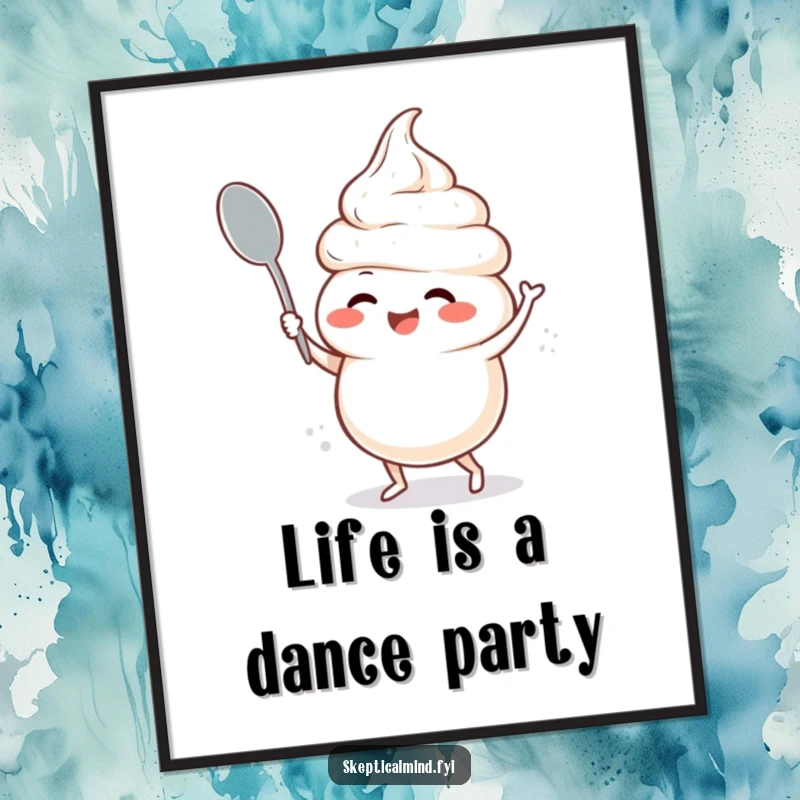 Funny Free Printable Wall Art: Giggling sour cream character doing a silly dance with a spoon, adding humor to any room.