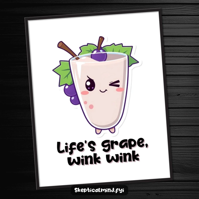 Funny Free Printable Wall Art: A cute grape smoothie character with a mischievous wink.