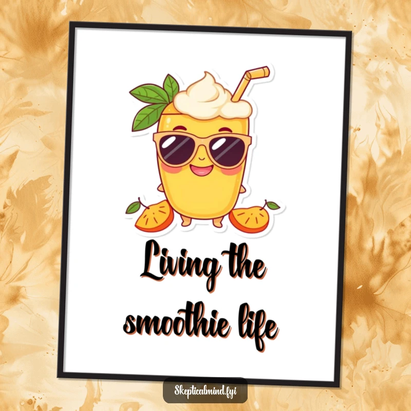 Funny Free Printable Wall Art: Delighted mango smoothie character in oversized sunglasses with a grin, a cool and humorous downloadable art.