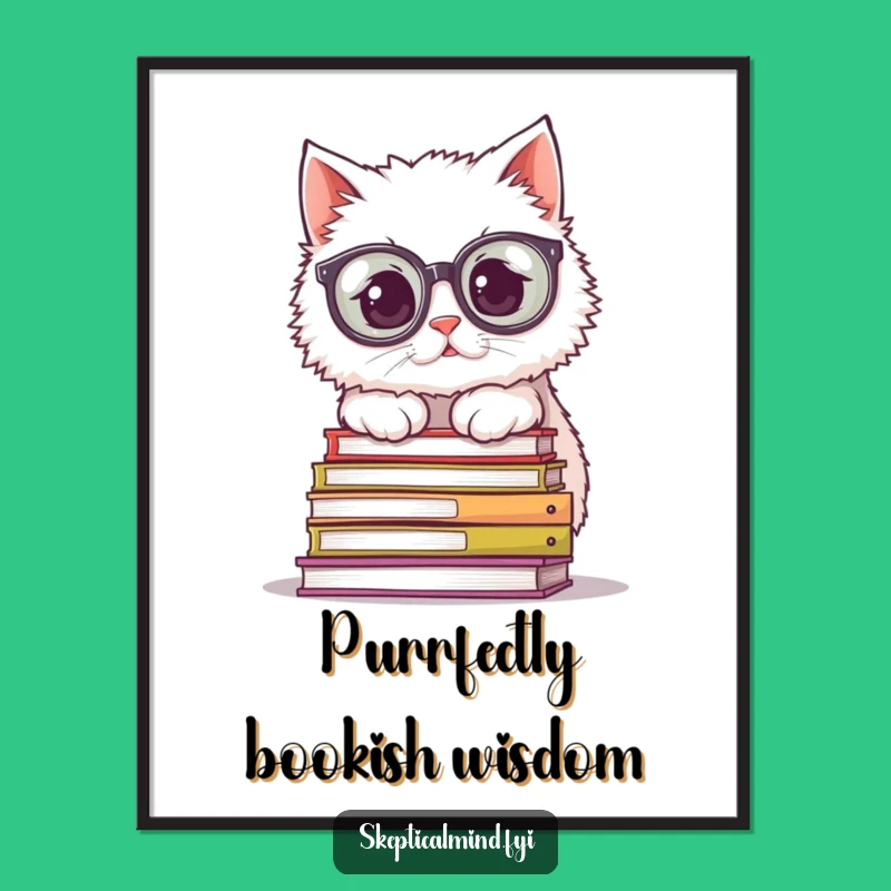 Funny Free Printable Wall Art: Bookish Cat with Spectacles, Quirky Downloadable Decor