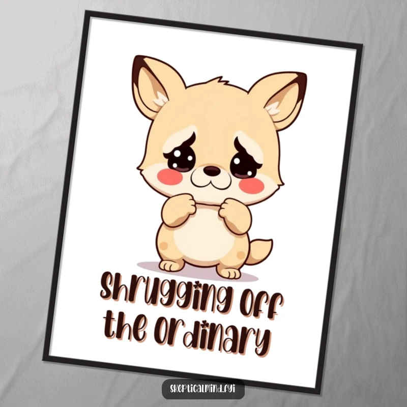 Funny Free Printable Wall Art: Kawaii animal shrugging with an exaggerated look of disbelief, a humorous piece of downloadable art.