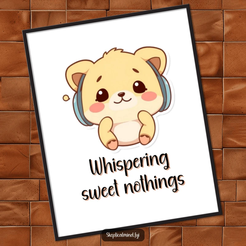 Funny Free Printable Wall Art: Kawaii animal wearing earmuffs, shaking head from tiny whispers, a humorous piece of downloadable art.